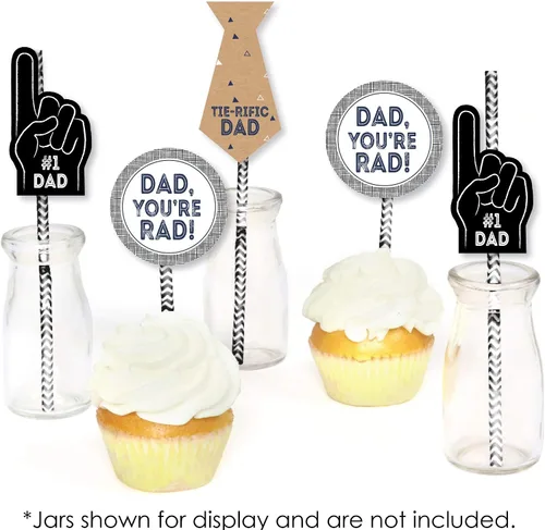 Miniatura 4 de Big Dot of Happiness Juego de 24 pajitas decorativas de papel a rayas con texto en inglés «My Dad is Rad», para fiesta del Día del Padre