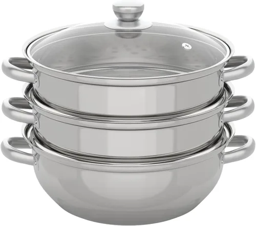 Olla vaporera de 3 niveles y 5 niveles para cocinar, vaporizadores apilables de acero inoxidable de 11 pulgadas/13 pulgadas con tapa de vidrio, olla