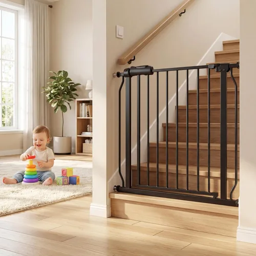 Miniatura 26 de Puerta extra ancha para bebé, puertas de seguridad extra altas para interiores, metal negro, gran montaje a presión, puerta para mascotas, puerta