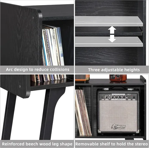 Miniatura 5 de Lerliuo Soporte para tocadiscos con 4 gabinetes con capacidad para hasta 220 álbumes, soporte giratorio grande negro con patas de madera de haya
