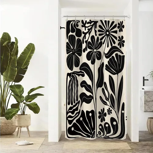 Cortina de Ducha de Cabina Negra Matisse 36 Pulgadas de Ancho x 72 Pulgadas de Largo Pequeña Semi-Pequeña Vintage Flores Abstractas Hojas Estética