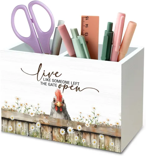 DILSJ Organizador inspirador de 2 compartimentos para lápices, organizador para escritorio, amantes de los pollos regalos para mujeres, Live Like