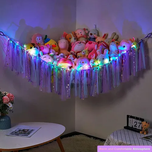 Miniatura 5 de Hamaca de almacenamiento de red de animales de peluche con luces LED, borlas coloridas, hamaca colgante de juguetes de peluche, organizador