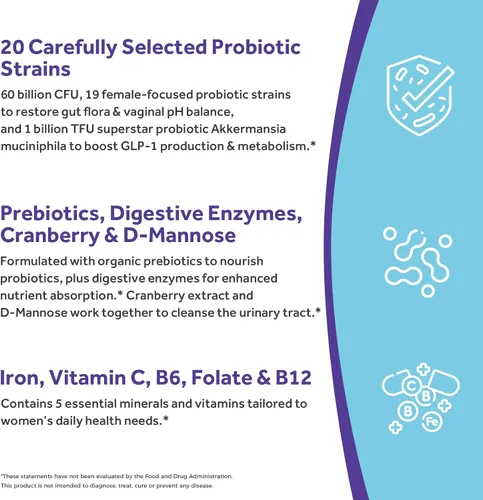 Miniatura 4 de Doctor's Recipes Probióticos para mujeres, Akkermansia Muciniphila, prebióticos, arándano, D-manosa, hierro, folato, VC, B6, B12, 60 mil millones
