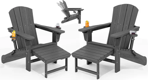 Miniatura 26 de KINGYES Silla Adirondack plegable ajustable con otomana retráctil, silla reclinable Adirondack de polietileno de alta densidad con soporte