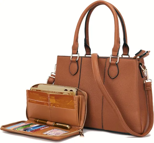 Miniatura 13 de Juego de bolsos y billeteras para mujer, bolso cruzado con asa superior, bolso de mano, cartera de hombro de cuero sintético A7-2pcs/Set Beige