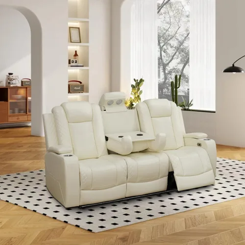 Miniatura 18 de Sofá reclinable eléctrico, sillón reclinable de cuero con LED/almacenamiento, sillón reclinable de cine en casa de 3 plazas, sofá de cuero negro