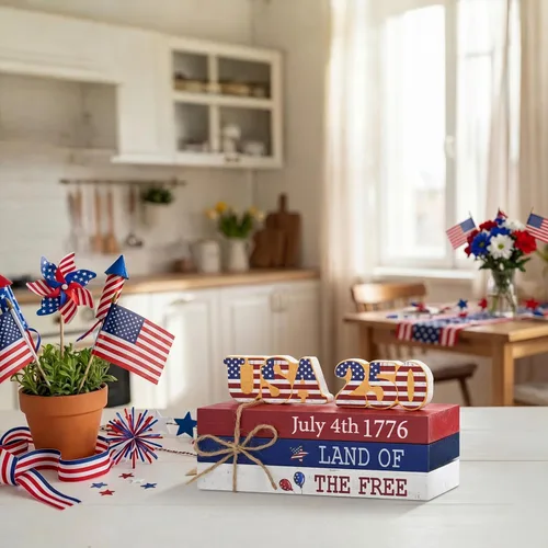 Miniatura 3 de Smile 4 de julio 250th Anniversary - Bloque de madera con decoración de Estados Unidos, 5 piezas "Land of the Free", bandeja patriótica escalonada