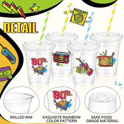 Miniatura 2 de FoldTier 50 tazas de plástico desechables de los años 80 de 12 onzas G Back to 80s tazas gruesas temáticas de los años 80 tapas para tazas