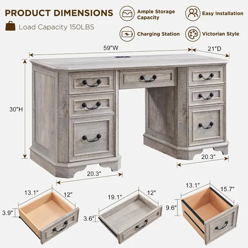Miniatura 2 de T4TREAM Escritorio ejecutivo de 59 pulgadas con cajones, escritorio de madera para computadora de oficina en casa, con bandeja para teclado, Roble