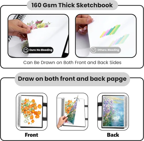 Miniatura 3 de Cuaderno de bocetos grande para dibujar de 9 x 12 pulgadas, portátil, encuadernado en espiral, con bolsillo (98 libras/5.64 oz/m²), bloc de dibujo