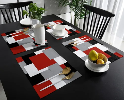 Miniatura 3 de Juego de 4 manteles individuales de color rojo, negro y gris, manteles individuales con aislamiento térmico antideslizantes, lavables, manteles