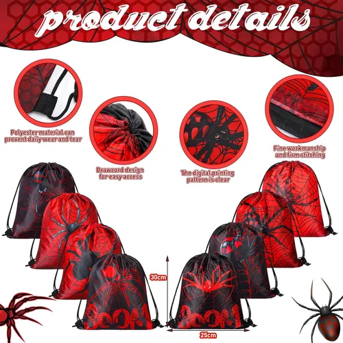 Miniatura 4 de Lothee 32 piezas de telaraña, decoración de fiesta de cumpleaños de telaraña, bolsa con cordón, bolsas de golosinas con pulseras de goma, llavero