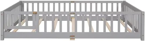 Miniatura 4 de Cama de suelo tamaño Queen, marco de cama Montessori de madera maciza con barandillas en forma de valla, puerta pequeña y listones de madera