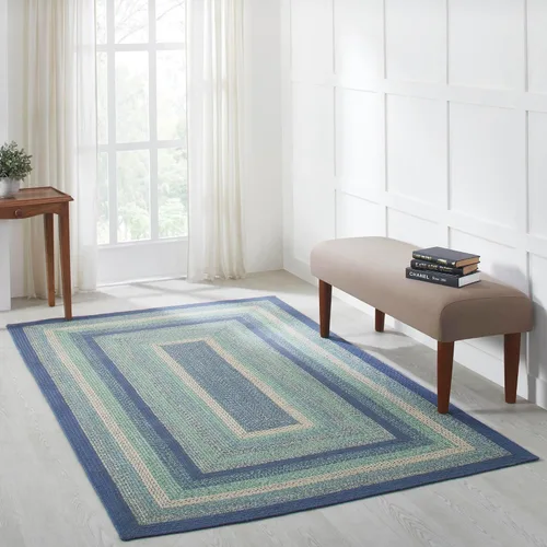 Miniatura 9 de VHC Brands Jolie Farmhouse - Alfombra decorativa de 19.5 x 36 pulgadas, textura azul de yute a rayas, medio círculo, decoración para el suelo