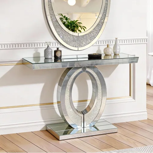 Miniatura 15 de Mesa Consola Negra con Espejo, Mesa de Sofá de Cristal Rectangular de 48 pulgadas con Elementos Tallados Vintage con Espejo, Muebles de Espejo