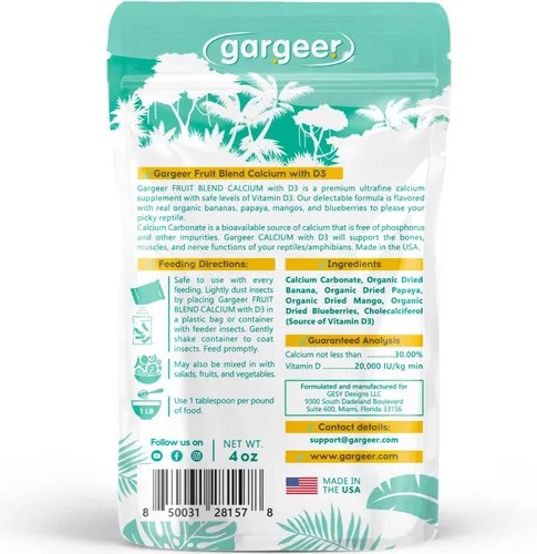 Miniatura 2 de Gargeer 4 onzas de calcio reptil con vitamina D3, sin fósforo, polvo ultrafino. Polvo puro, mezcla de frutas reales saborizadas, suplemento listo