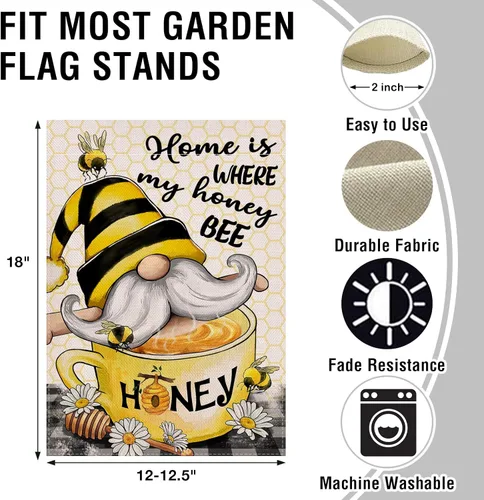 Miniatura 2 de Artofy Home is Where My Honey Bumble Bee Gnomo - Bandera decorativa para jardín, decoración exterior de primavera y verano, decoración exterior