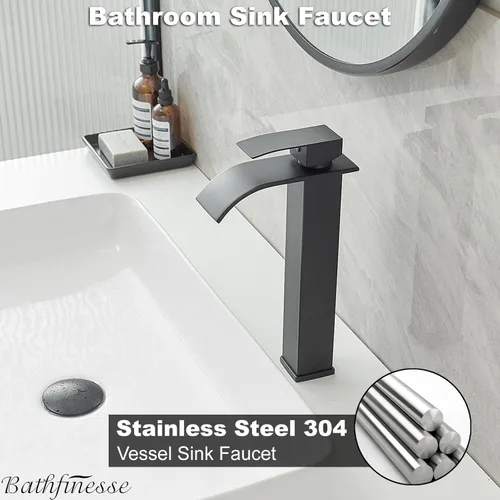 Miniatura 2 de Grifo de fregadero de recipiente con cascada, grifo de baño mate negro de acero inoxidable, alto, de una sola manija, un agujero, montaje