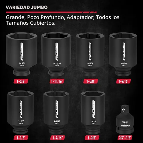 Miniatura 5 de SAE Juego de zócalos de impacto profundo de 8 piezas de 1/2 pulgada Juego de tuercas de eje de rueda Adaptador estándar Grandes zócalos Junta