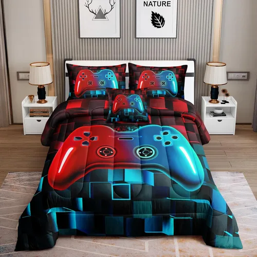 Miniatura 10 de ROWADALO Juego de ropa de cama de 5 piezas para niños, juego de edredón para jugadores en una bolsa, juego completo con edredón, sábanas, sábana