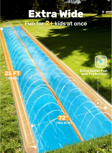 Miniatura 2 de Sloosh Tobogán acuático de doble carril, tobogán de agua resistente de 25 x 6 pies con aspersor y 2 tablas inflables para adultos y niños, fiesta