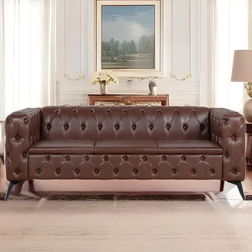 Miniatura 9 de Sofá Chesterfield de piel sintética negra para sala de estar, asiento profundo, cómodo sofá de 3 plazas de gran tamaño, con botones, con cabeza
