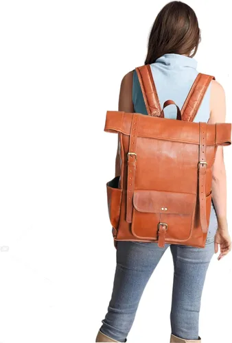 Miniatura 10 de jaald Mochila de cuero marrón de 23 pulgadas, mochila vintage para portátil, bolsa de viaje grande con parte superior enrollable, cómoda y ligera