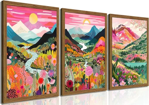 Juego de 3 piezas de arte de pared de montaña colorida boho, pinturas abstractas de paisaje de flores de acuarela, pósters modernos de naturaleza