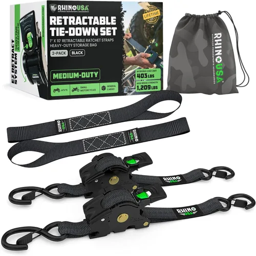 Rhino USA Correas de trinquete retráctiles (paquete de 2) – 1 pulgada x 10 pies (1,209 libras de resistencia a la rotura) – Correas de amarre auto