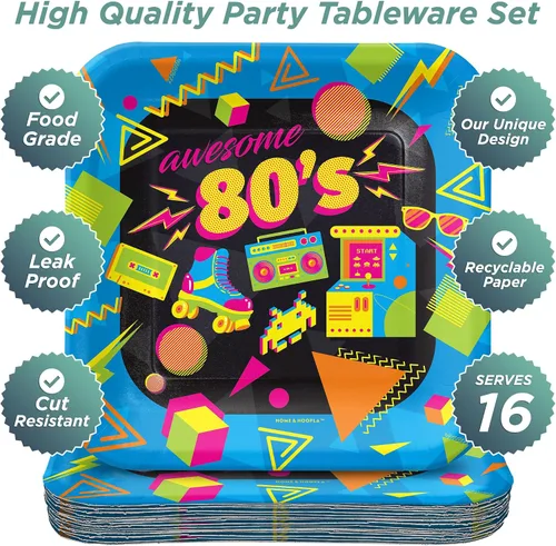 Miniatura 2 de HOME & HOOPLA Suministros para fiestas de los 80 - Platos de postre de papel cuadrados con íconos totalmente geniales de los años 1980 para 16