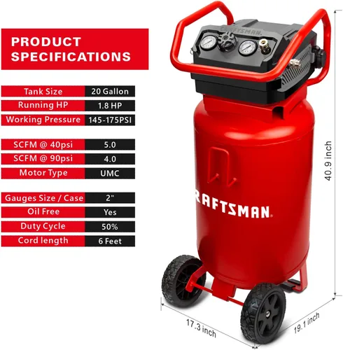 Miniatura 4 de CRAFTSMAN Compresor de aire, 20 galones, 1.8 HP, herramientas de aire sin aceite, manguera de aire roja y Flexzilla, 3/8 pulgadas x 50 pies