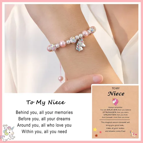 Miniatura 2 de HGDEER Valentines Day Gifts for Little Girls Unicorn Bracelet for DaughterGranddaughterNiece Pink Pearl and Rhinestone Balls Bracelet Adjustable