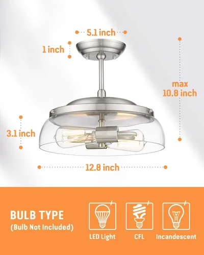 Miniatura 6 de EAPUDUN Lámpara de techo semiempotrada, lámpara moderna de 2 luces con pantalla de vidrio transparente, acabado de níquel cepillado para pasillo