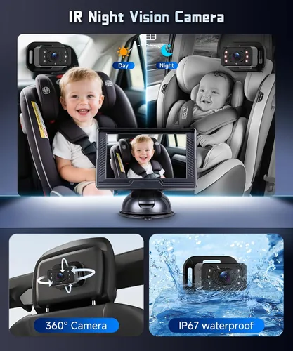 Miniatura 5 de Cámara de coche de bebé para asiento trasero HD con visión nocturna, ángulo de visión ajustable, fácil instalación, cámara giratoria de 360°