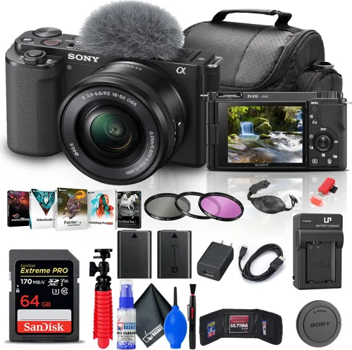 Sony Cámara sin espejo ZV-E10 con lente de 0.630-1.969 in (negro) (ILCZV-E10L/B) + tarjeta de memoria de 64 GB + kit de filtro + software de foto +