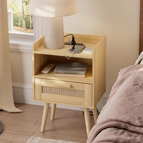 Miniatura 4 de Masupu Mesita de noche, mesita de noche pequeña con dos cajones, mesita de noche blanca, muebles de noche, mesa auxiliar moderna de mediados