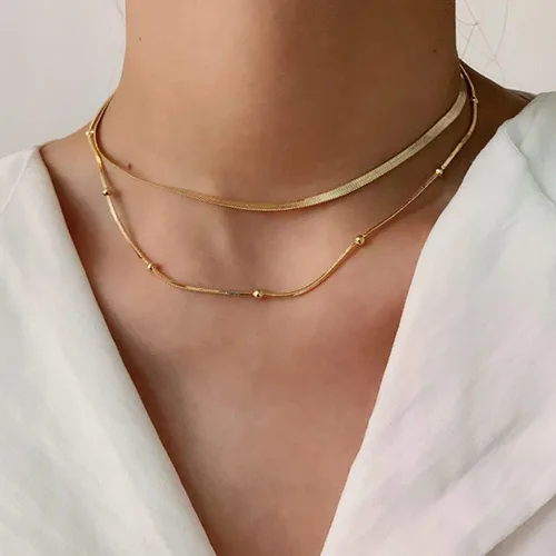 Miniatura 5 de Tasiso 14K Gold Filled Herringbone Choker Necklace Set Double Layer Snake Chain Herringbone Chain Necklace Layering Necklace Set Cuban Chain