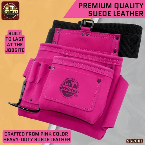 Miniatura 4 de Graintex Cinturón/Bolsa de herramientas de piel de ante de 5 bolsillos Rosa Cinturón de herramientas de cuero multiusos para mujeres y hombres