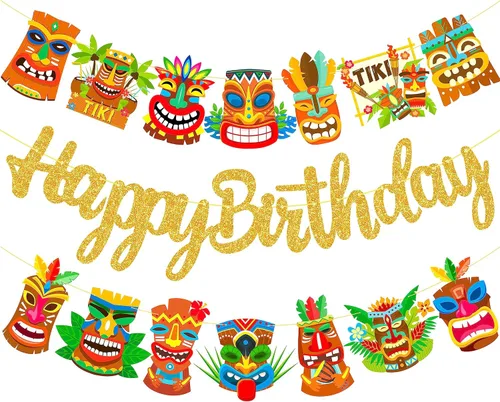 Hawai Luau - Pancarta hawaiana de Tiki para fiesta de cumpleaños, 3 unidades, decoración de fiesta de Aloha para colgar, guirnaldas de Tiki para
