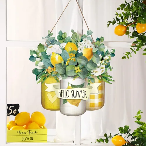 Miniatura 2 de Karenhi Letrero de madera con texto en inglés «Hello Summer» de bienvenida para puerta delantera, colgador de madera, letrero de puerta de verano
