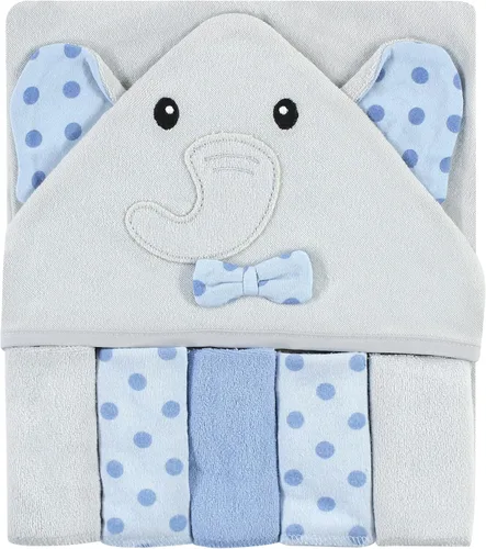 Hudson Baby Toalla unisex con capucha para bebé y cinco toallas pequeñas, diseño de elefante gris con puntos azules, talla única