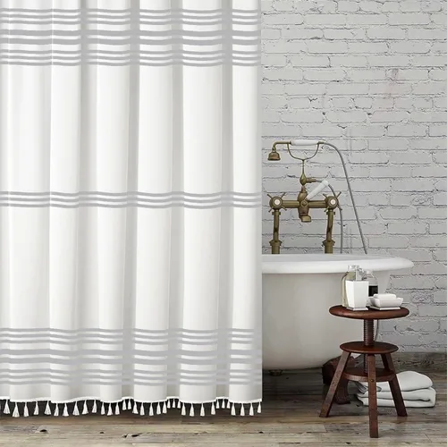Miniatura 11 de Seasonwood Cortinas de ducha extralargas con borlas modernas en blanco y negro, impermeables, 72 x 96 pulgadas