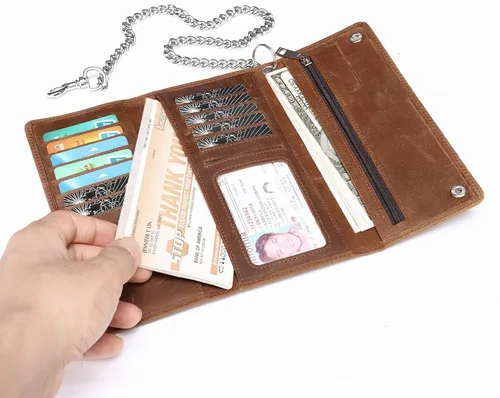 Miniatura 3 de Cartera de piel auténtica con tres pliegues para hombre con cadena cartera de motociclista con cadena larga y resistente Marrón largo