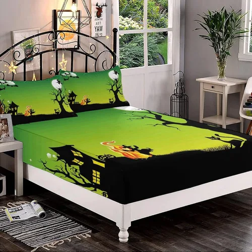 Miniatura 19 de Juego de sábanas bajeras decorativas tamaño Queen, sábanas bajeras de Halloween con bolsillos profundos y 2 fundas de almohada (sin sábana plana)