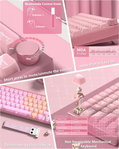 Miniatura 4 de Womier 60% Teclado QMK/VIA, Teclado mecánico rosa para juegos cremoso, montaje de juntas intercambiable en caliente, teclado RGB con cable