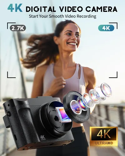 Miniatura 2 de Cámara digital 4K para fotografía, cámara de 50MP para videoblogs de YouTube, cámaras compactas con pantalla giratoria de 2.8" de 180°, zoom digital