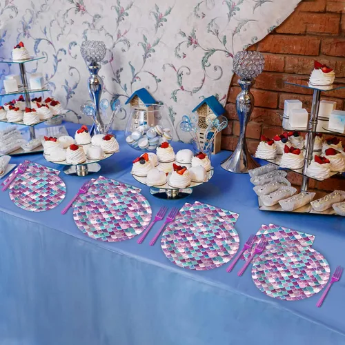 Miniatura 6 de 96 piezas de suministros de decoración de fiesta de sirenas, juego de vajilla para fiesta de cumpleaños de sirenas en el océano, fiesta temática