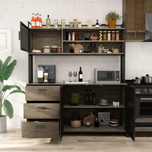 Miniatura 11 de AGOTENI Armario grande de cocina, armario de almacenamiento con 3 puertas de metal, 3 cajones y estante para microondas, para almacenamiento abierto