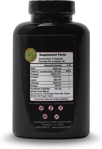 Miniatura 2 de PuraDyme MSM con mezcla de alimentos integrales Cofactor - 180 cápsulas veganas